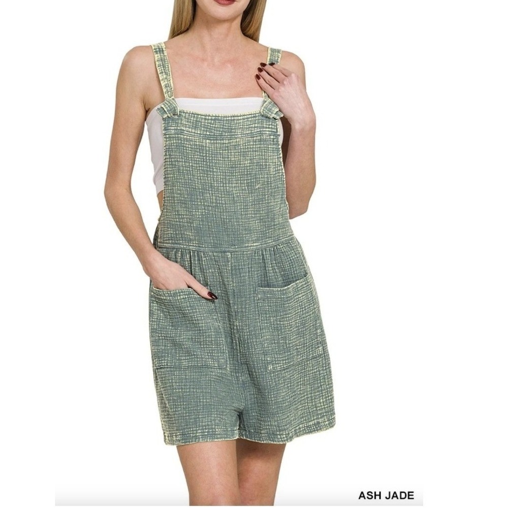 Zenana Ash Jade Cotton Gauze Shortall Romper Pockets Square‎ Neck Sleeveless Lg